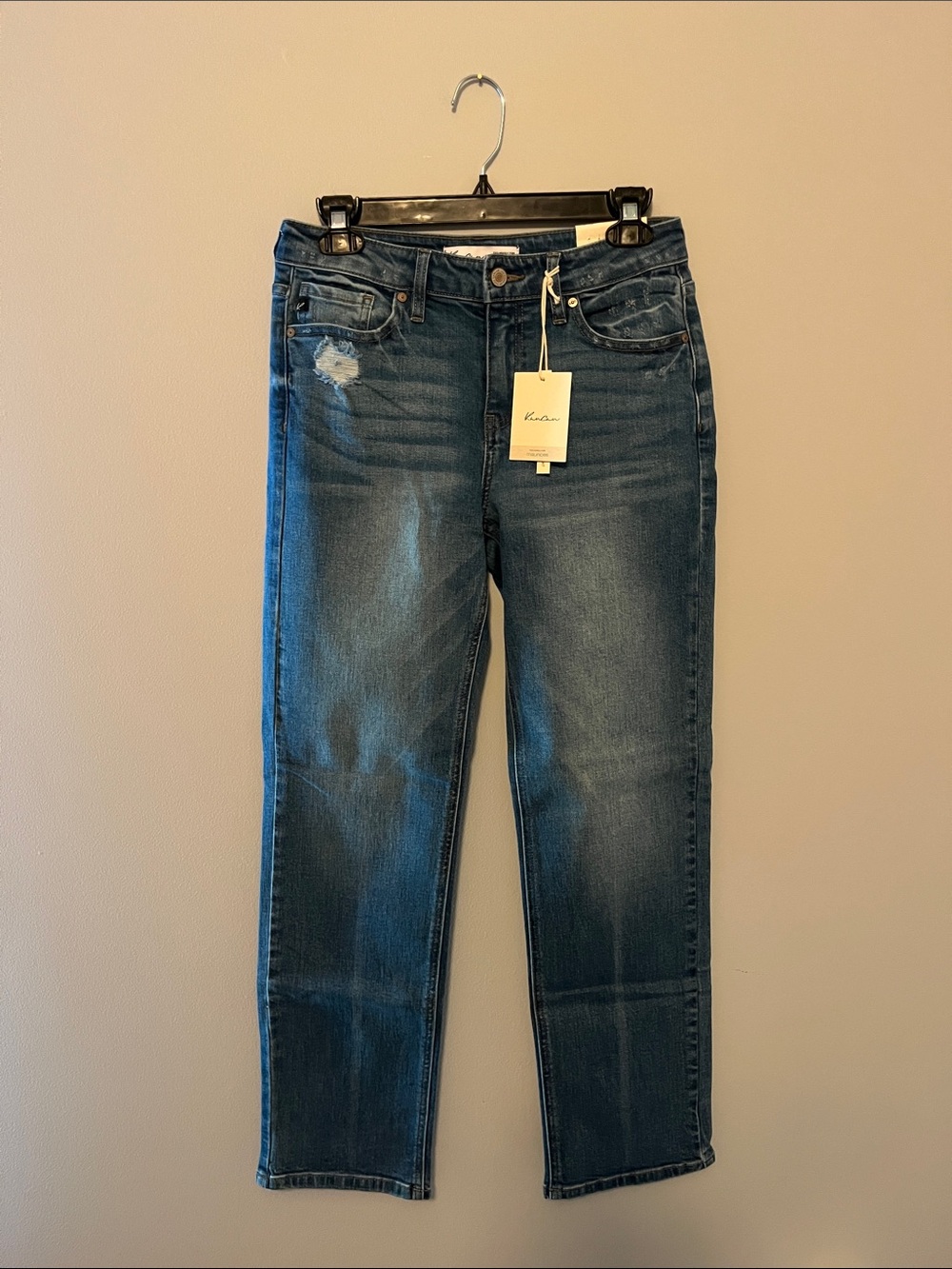 KanCan Women's Straight Leg Jeans in Dark Wash with Light Distress
